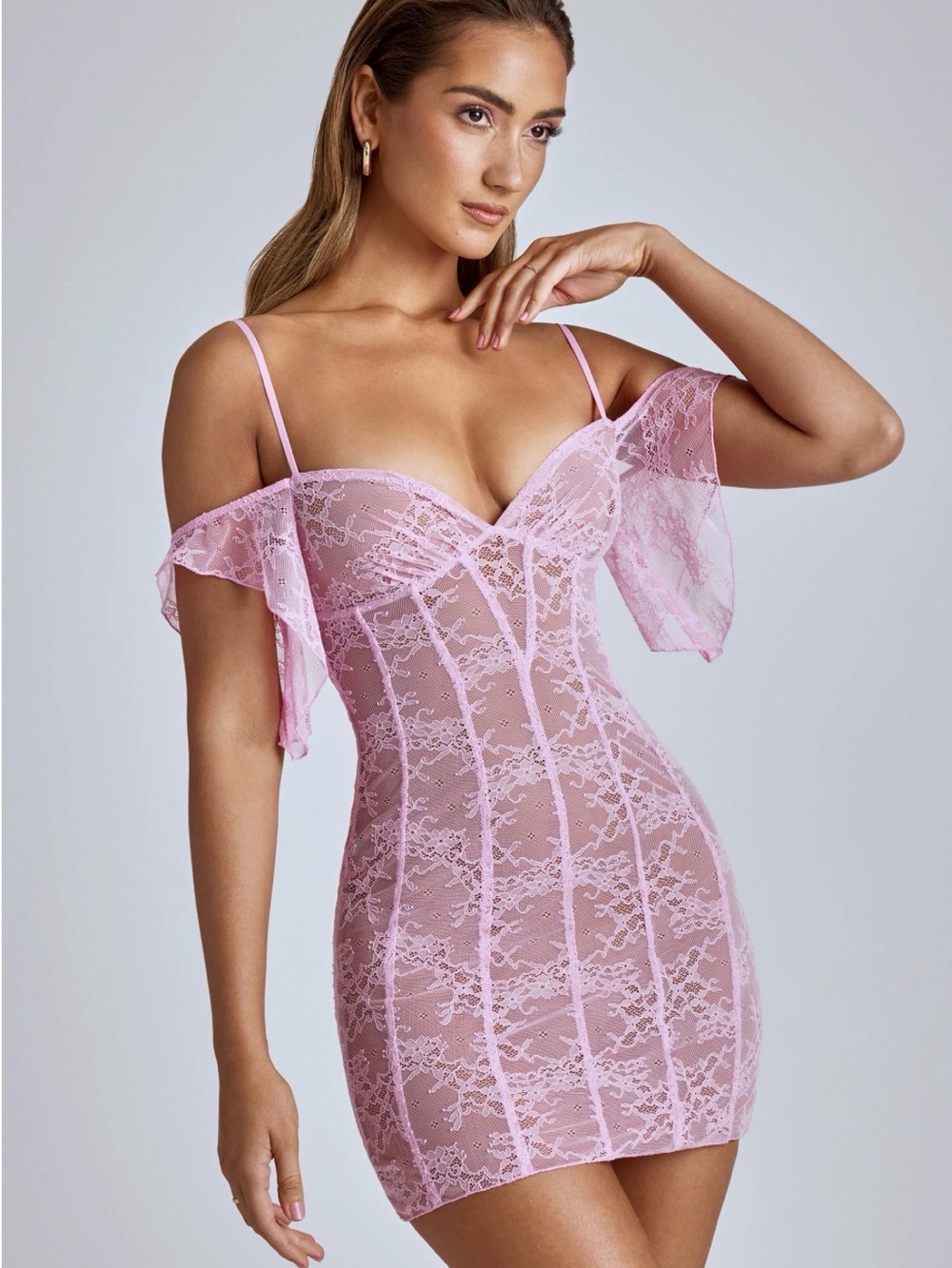 Oh Polly Eleonora Sheer Lace A-Line Mini Dress in Baby Pink